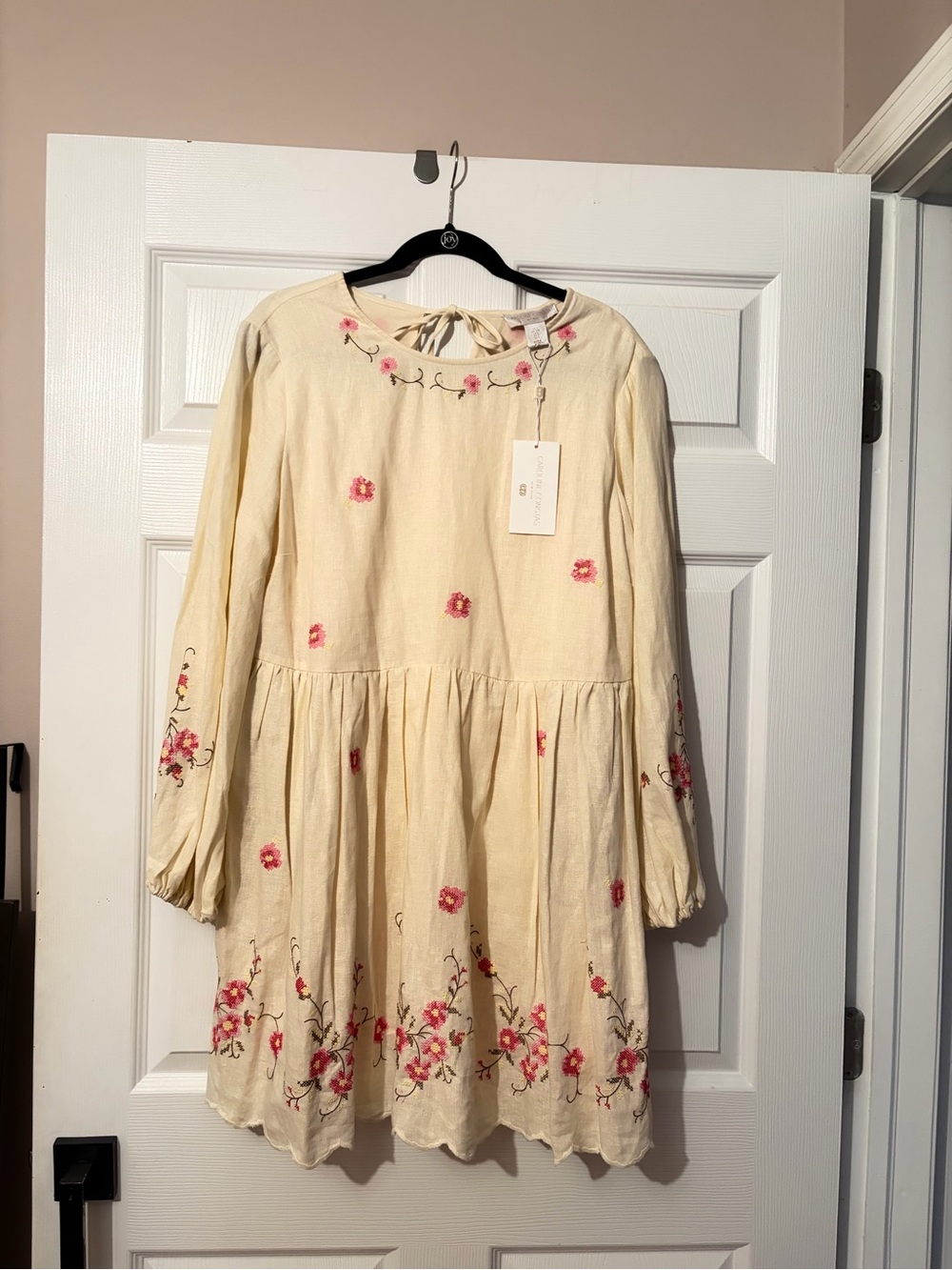 Caroline Constas Cream Mini Dress with Pink Floral Embroidery